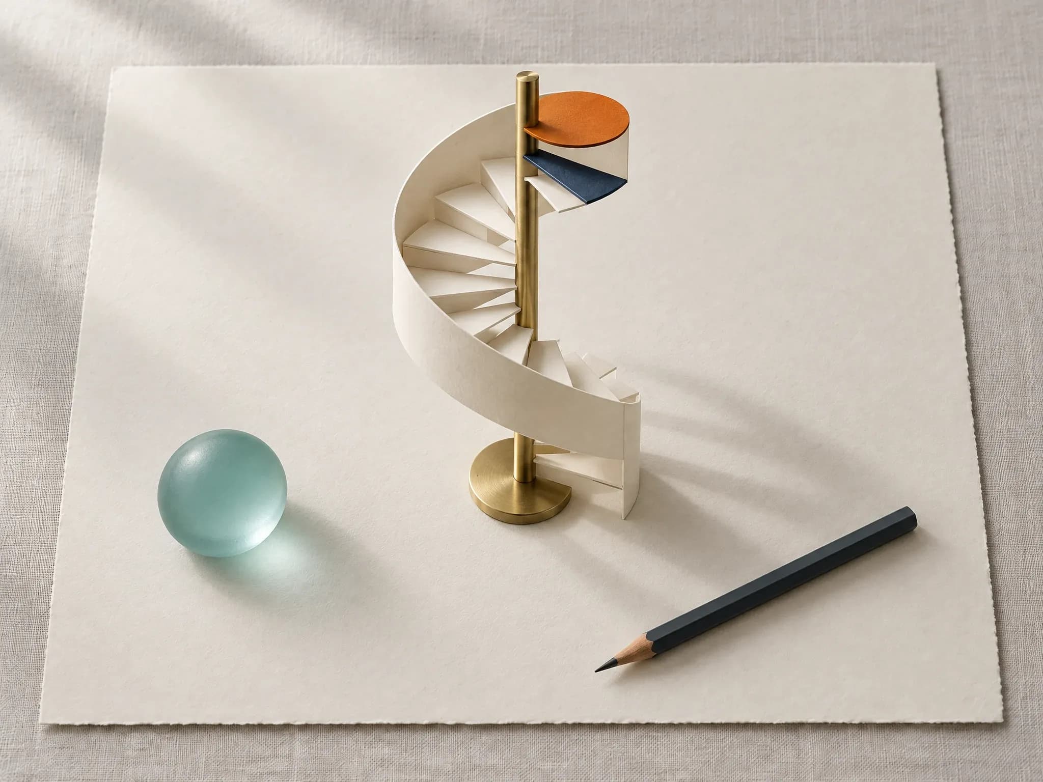 A cream paper model of a spiral staircase turning around a brass post, with one navy step and an orange landing at the top