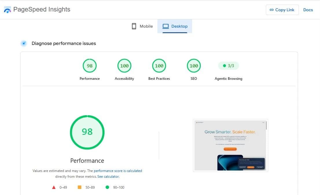Marketri's new website scores perfect on PageSpeed Insights