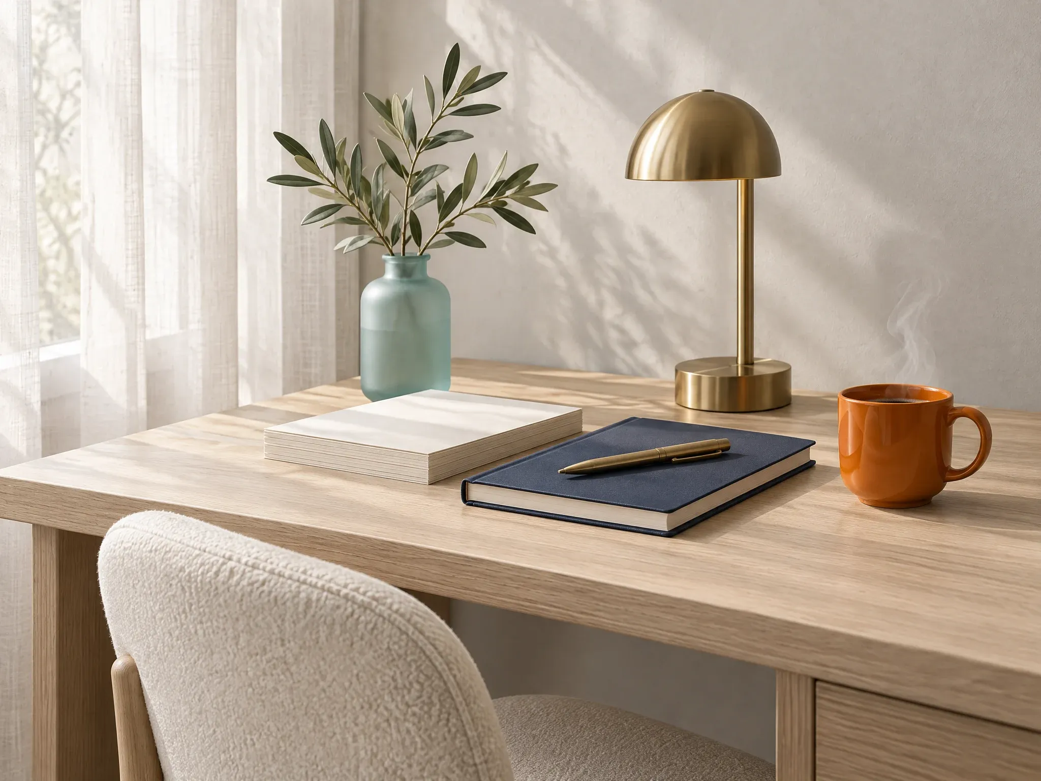 A pale oak desk beside a sunlit window with a navy notebook, a brass lamp, an olive branch in a teal vase and an orange coffee mug