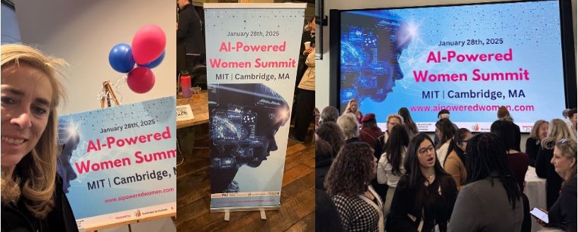 Collage of photos from the AI-powered Women Summit at MIT including the event banner(s) as a backdrop from different angles.