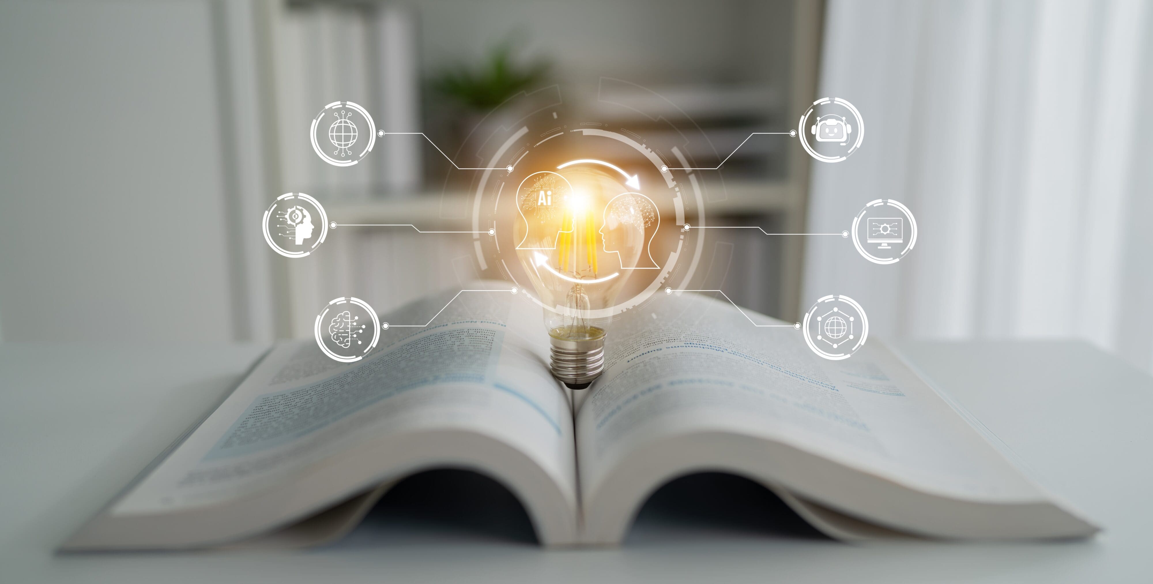 Open book with a glowing lightbulb and AI icons, symbolizing learning, innovation, and AI-driven business strategy.