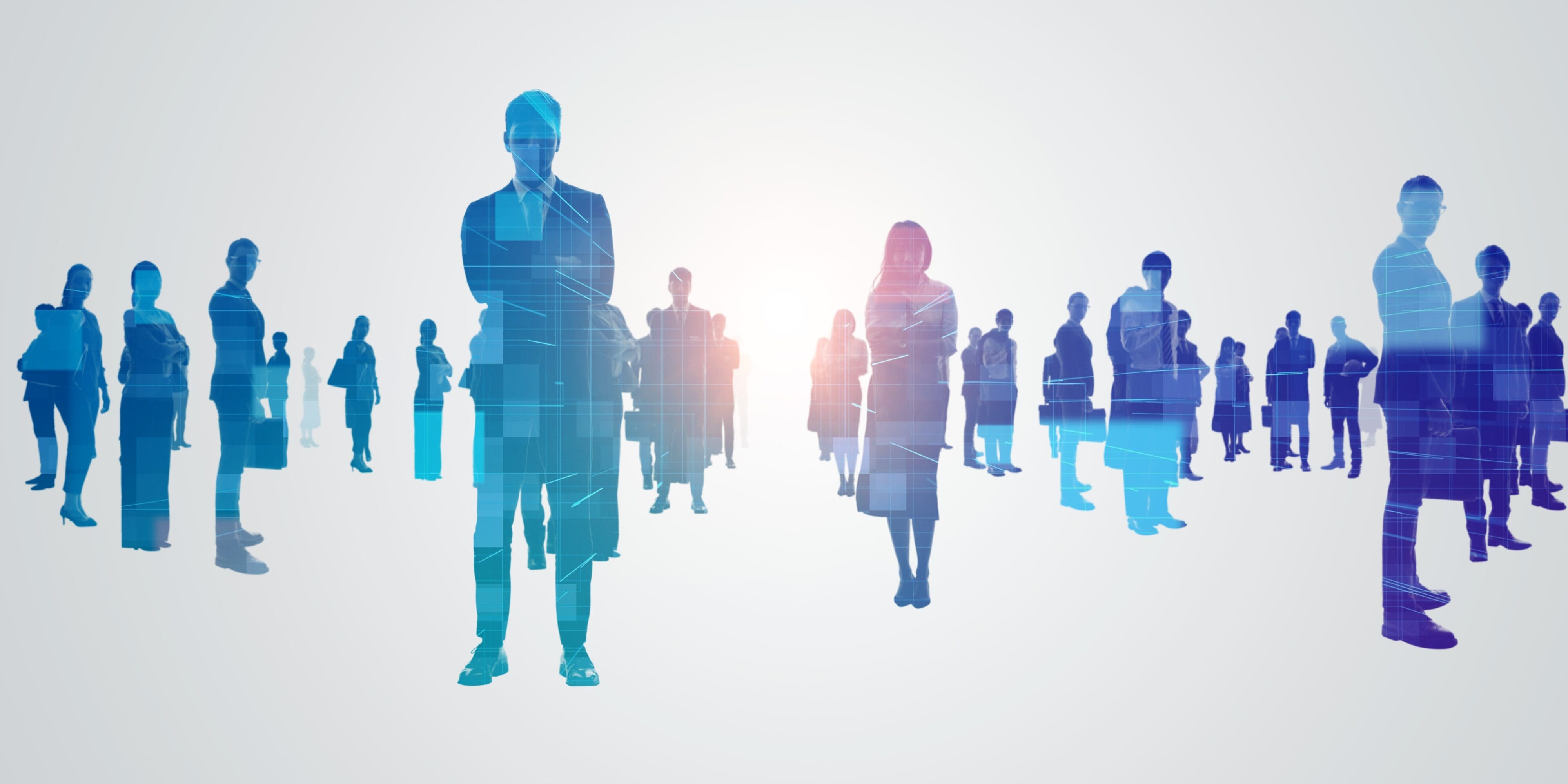 Business professionals with digital network overlay symbolizing CMO strategic leadership and marketing team collaboration